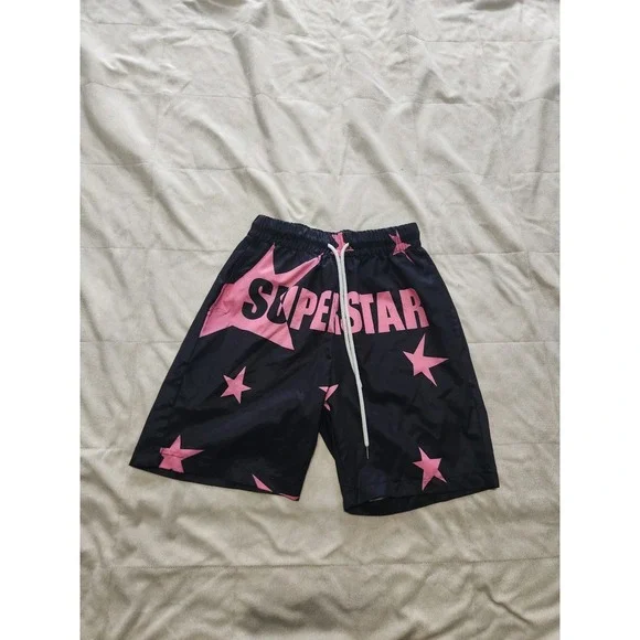 Romwe Mens Swimtrunks or shorts. Black & pink. Superstar. Mens XS 34 NWOT