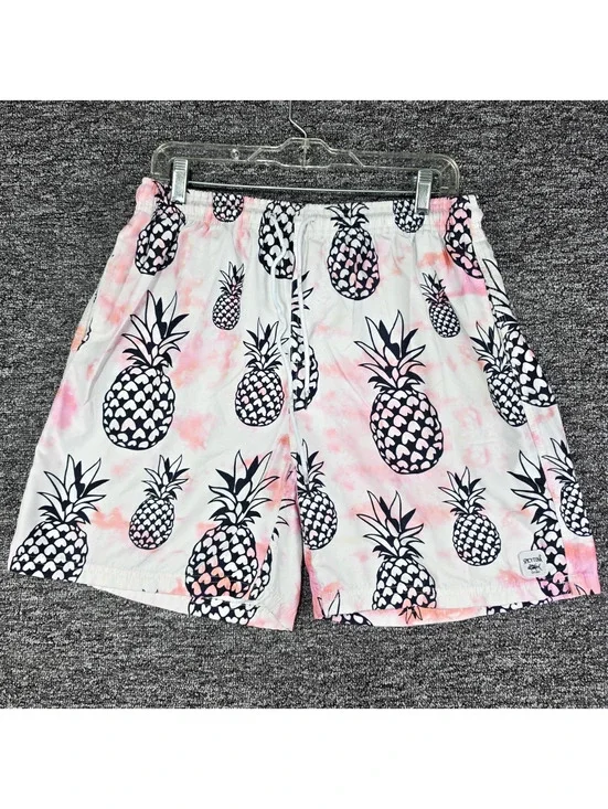 Spicy Tuna Men's Pineapple Print Swim Shorts XL White Pink Black Mesh Lined