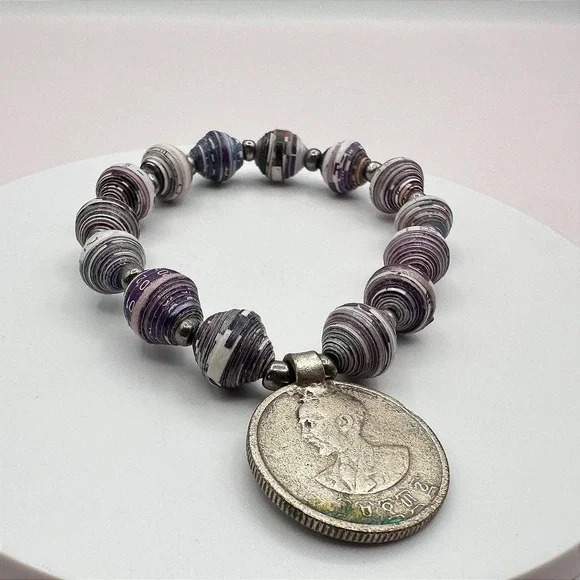 Vintage‎ 90s Rolled Recycled Paper Beaded Coin Ethiopia Haile Selassie Bracelet