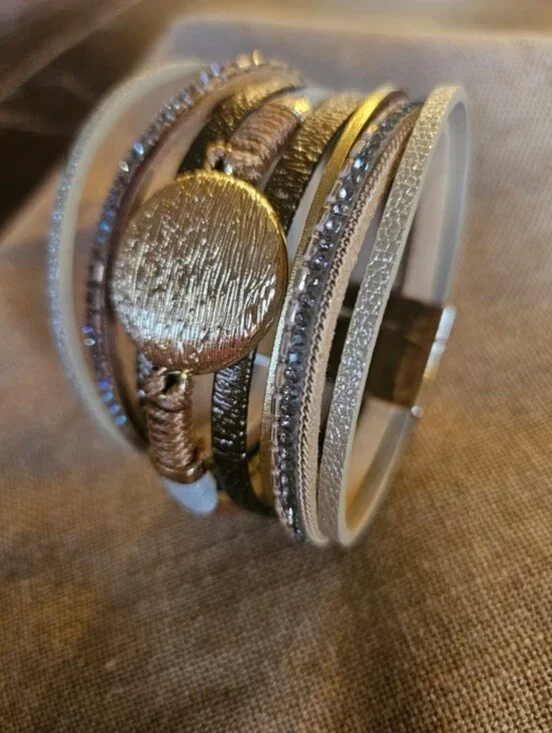 Multi-Row Gold and Champagne Women’s Wrap Bracelet. Lightweight. Beautiful!
