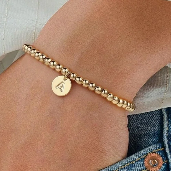 Gold Beaded initial A Bracelet with Charm sensitive skin safe nickel free