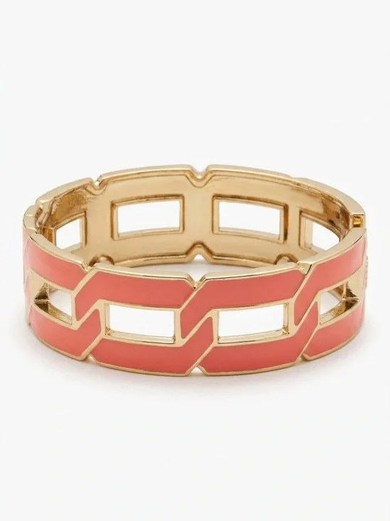 Vintage Gold-Tone Coral Enamel Geometric Link Hinged Bangle Bracelet