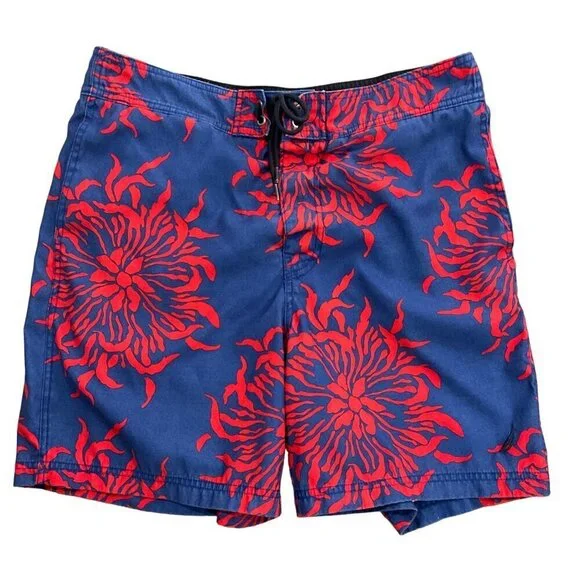 Nautica Mens M‎ Floral Tropical Swim Trunks Blue Red Coastal Beach Board Shorts