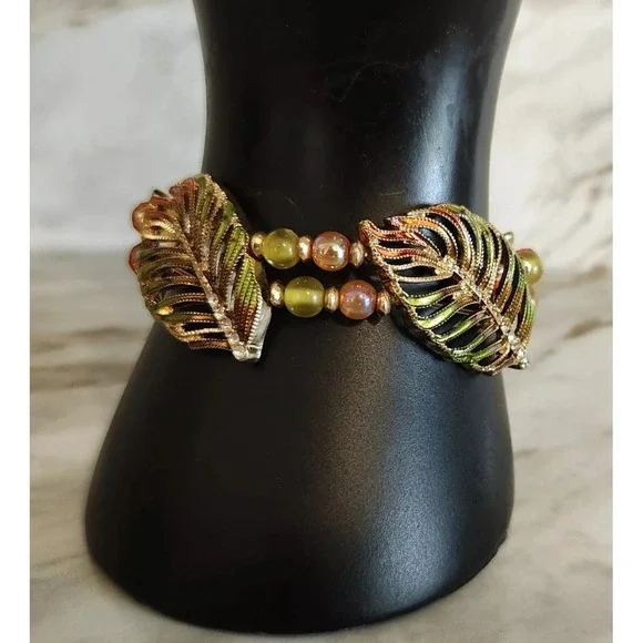 KC Stamped Gold Tone Enameled Leaf‎ Beaded Rhinestones Small Stretch Bracelet