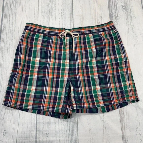 VTG Polo Ralph Lauren Bathing Suit L Swim Trunks Blue Green Plaid Mesh Mens Pony