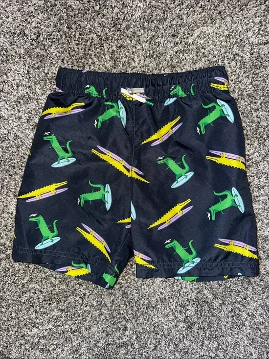 Old Navy Black Swim Shorts with Green & Yellow Surfing Alligators Pattern