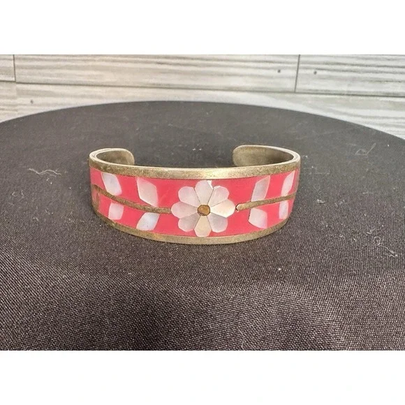 Vintage Mexico SILVER Pink Abalone Mother Of Pearl Inlay Cuff Bracelet