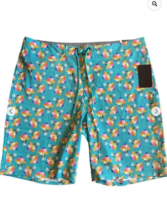 Hurley Turquoise With Rainbow Palm Tree Print Volley Shorts NWT Size L