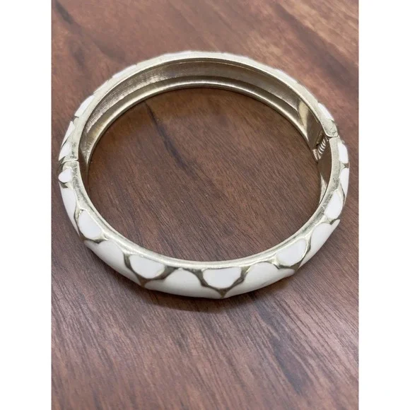 White Enamel Gold Tone Hinged‎ Bangle Bracelet Preppy Timeless Minimalist