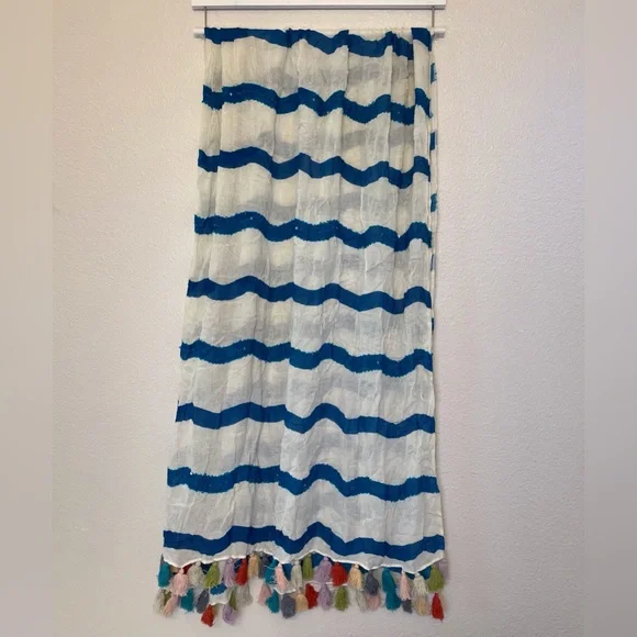 Renee’s NYC Accessories Y2K Viscose Blue and White Striped Scarf with Tassels‎