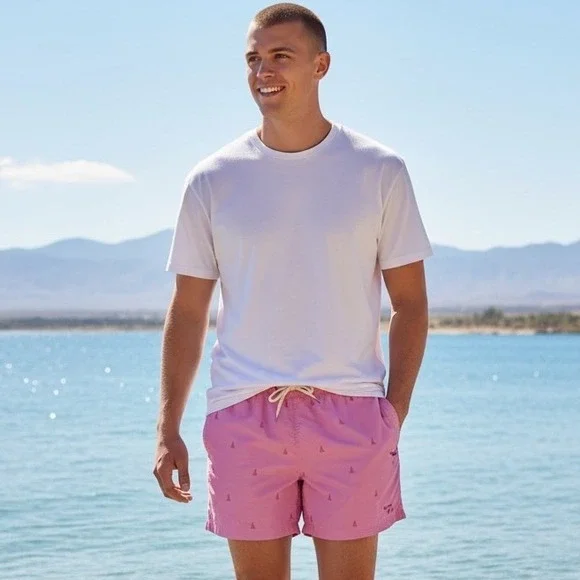 Barbour‎ Mens Pink Sailboat Print Swim Trunks Shorts MSW0026PI31 XL 5 Inseam