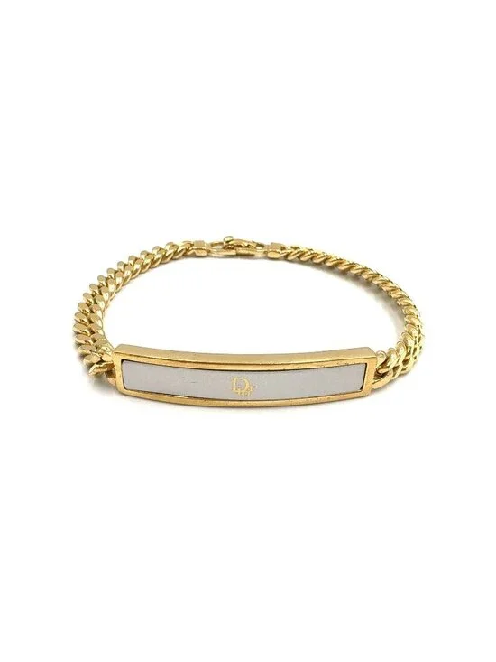 Dior Logo Plate Metal Gold Plated Silver Bracelet