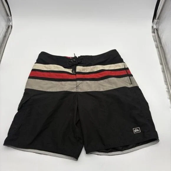 Quiksilver Waterman Black Stripe Cargo Board Shorts Swim Trunks Red Beige L