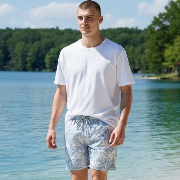 Vintage‎ Summer Mens Tropical Palm Print Swim Trunks Blue White Volley Shorts L