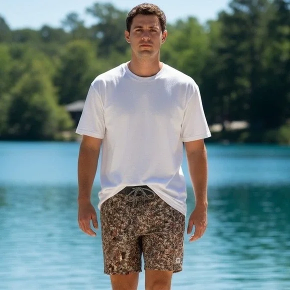 Katin Mens Floral Hybrid Board Shorts Size 32 Tan Orange Grey Surf‎ Trunks 1898
