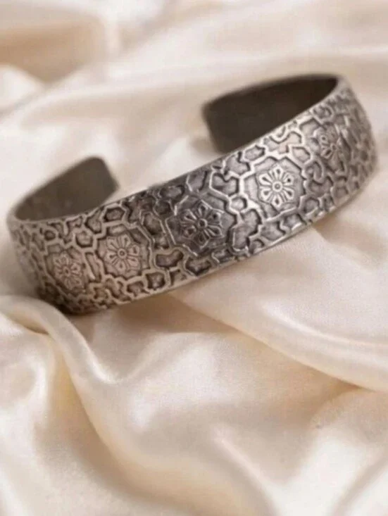 Tibetan Geometric Honeycomb Flower Cuff Bracelet | Boho Ethnic Silver Tone