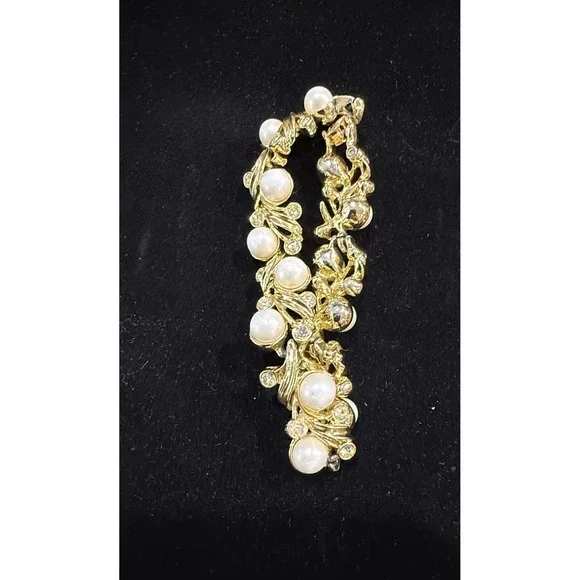 Vintage Gold‎ Tone Faux Pearl and Rhinestone Floral Link Bracelet Foldover Clasp