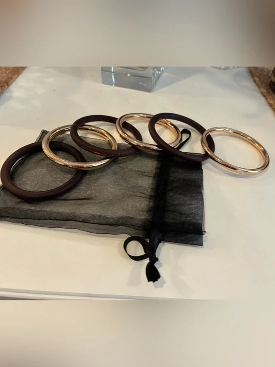 Set of Round Bangle Bracelets - Brown and gold Tone - 6 in total