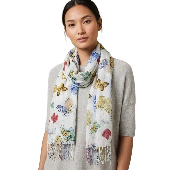 Old Navy Butterfly Print Scarf Shawl White Multi Color‎ Fringe Trim One Size