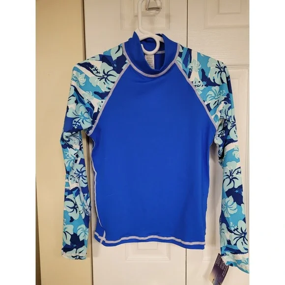UPF 50+ Surf‎ Swim Top Blue Floral Long Sleeve Rash Guard Sun Protection Size XS