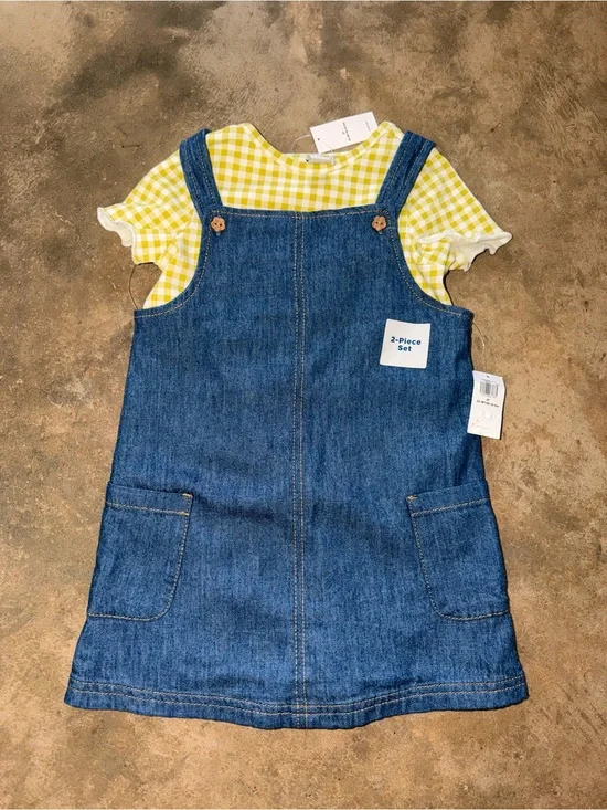 NWT Old Navy 2T Denim Jumper Dress & Green Gingham Tee 2-Piece Set