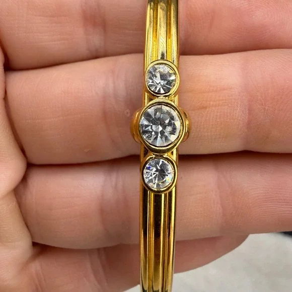 Vintage Monet Bangle Bracelet Gold Tone Clear Crystal Ribbed 7.5