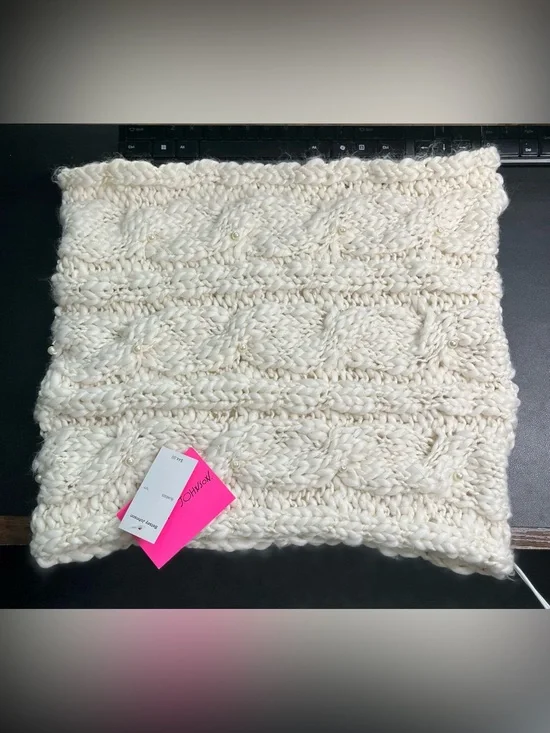 Betsey Johnson Ivory Chunky Knit Scarf with Pearl & Metallic Thread Detail