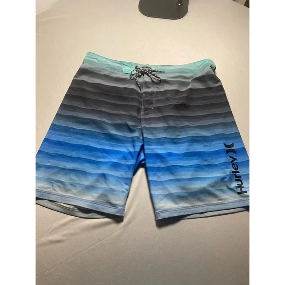 Hurley Phantom Mens Board Shorts Blue Grey Striped Swim Trunks Size 33