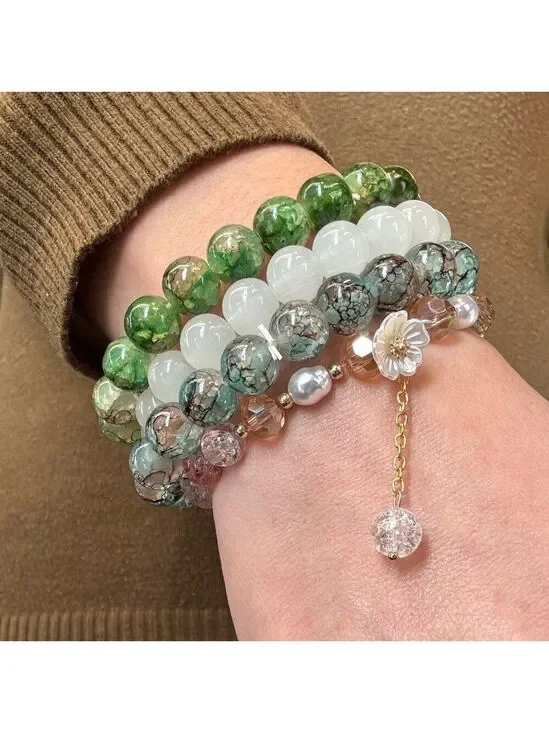 0103. Elegant Green and White Glass Beaded Bracelet Set