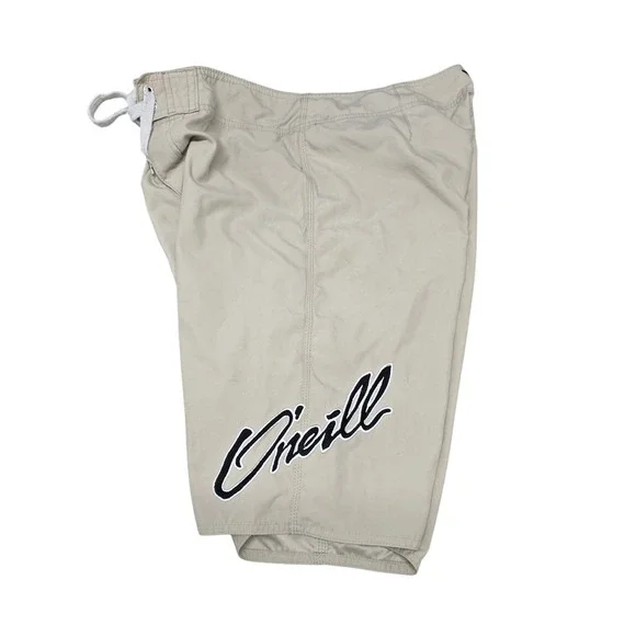 O'Neill Mens Khaki Tan Board Shorts Size 31 Cargo Pocket Script Logo Swim Trunks