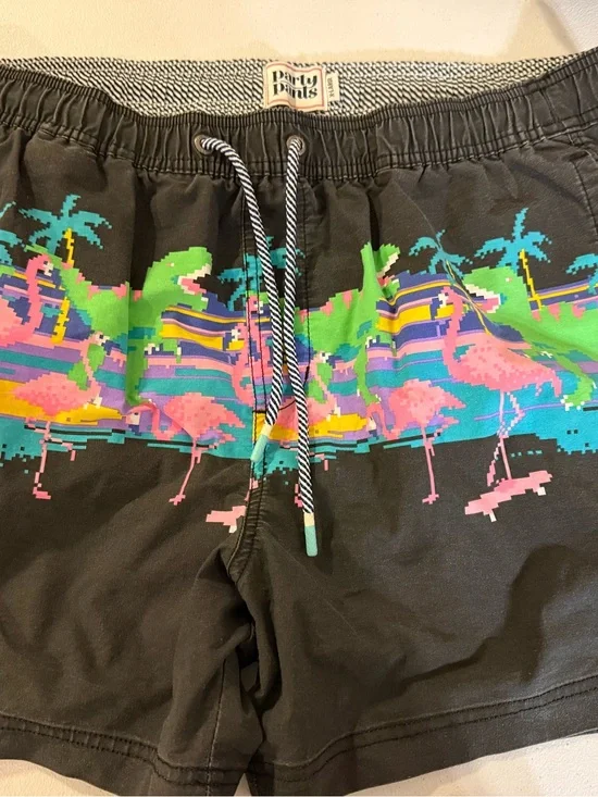 Party Pants Men's Black Athletic Swim Shorts with Neon Flamingo Print XL Unlined