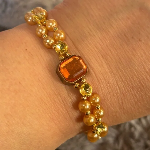 Handcrafted vintage gem citrine dome crystal pearl beaded bracelet