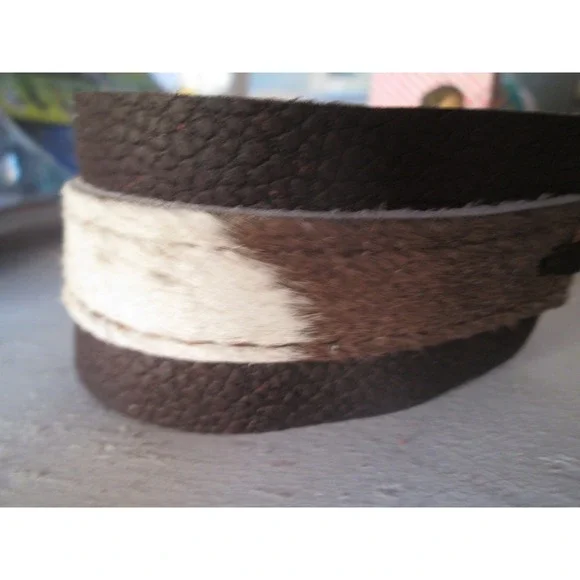 Brown Cream Leather Faux‎ Cow Horse Hair Cuff Bracelet Pull Closure Equestrian