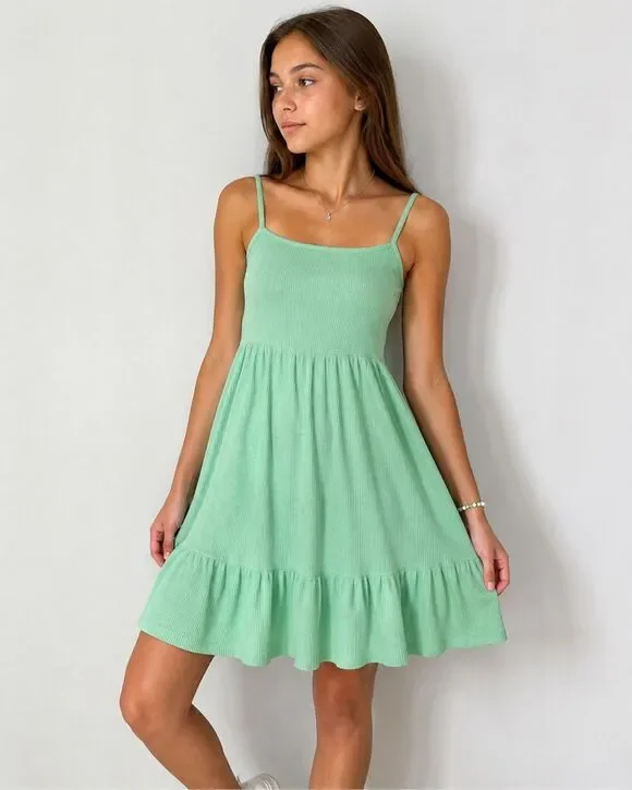 Old Navy Girls Mint Green Ribbed Cami Dress XL/14-16 Sleeveless Ruffle Hem