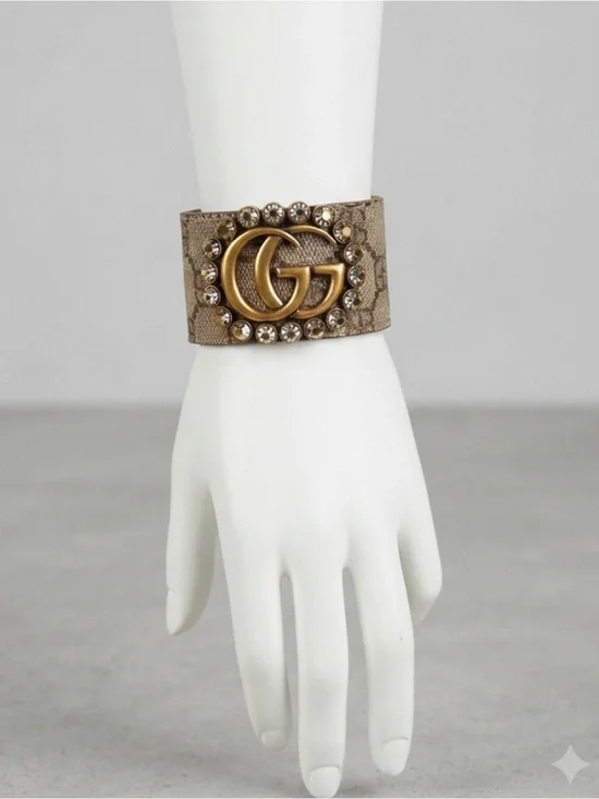 Gold-Tone GG Crystal Monogram Cuff Bracelet - Beige