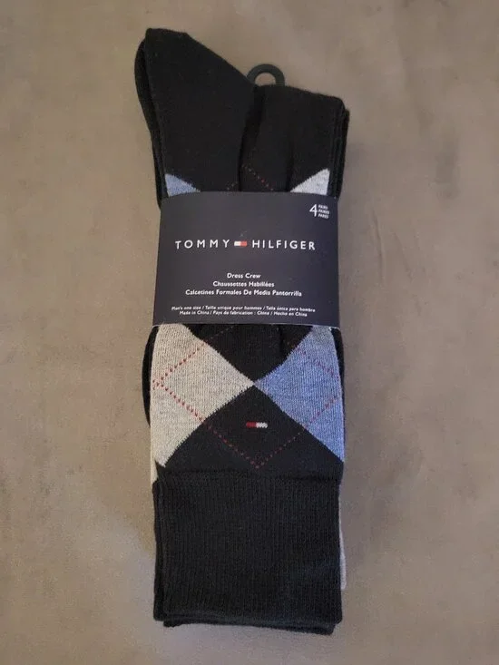 TOMMY HILFIGER ARGYLE Cotton Polyester Blend Dress Socks, 4 Pack, Navy Gray NWT