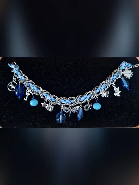 Silver Chain Charm Bracelet with Blue Glass Beads