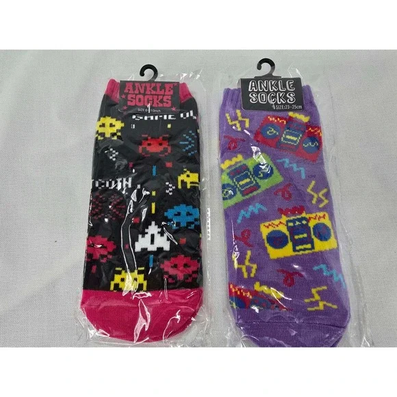 Okutani Retro Arcade Space Invaders Boombox Ankle Socks 2 Pair Set Multicolor