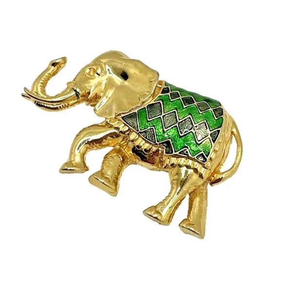 Vintage Indian Elephant Brooch Diamond Pattern Green Enamel Gold Tone Pin 3