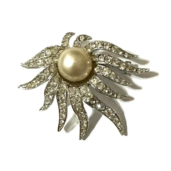 Vintage Celebrity NY Silver Tone Rhinestone Faux Pearl Sunburst Brooch Pin 2