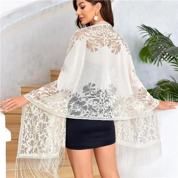 Off White Beige Sheer Floral Lace Fringe Shawl Wrap‎ Scarf Pashmina Tartan Shrug
