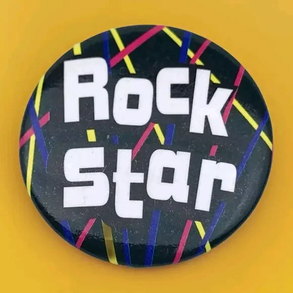 Pin Back Button Rock Star Black Yellow Pink Blue Retro Music Fan Accessory