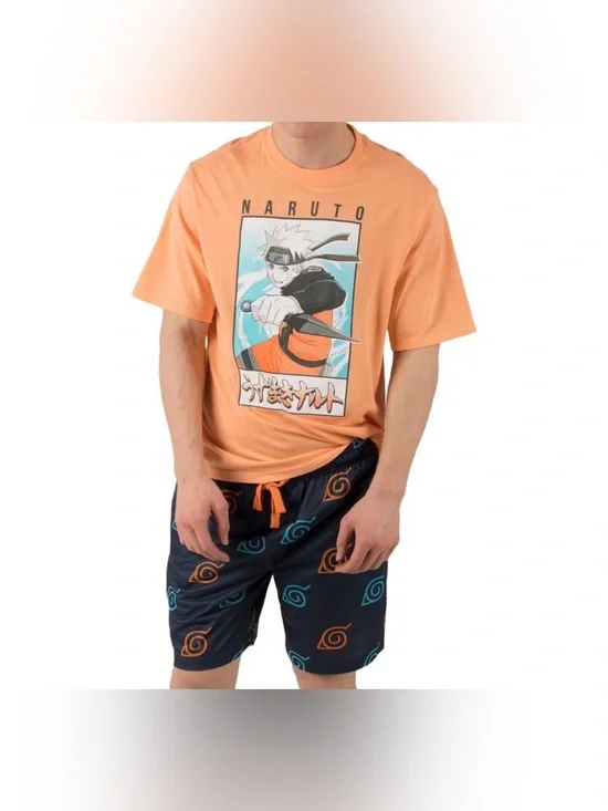 New Men’s Shippuden Naruto T-Shirt & Shorts Sleep Set Orange/Navy Size XL