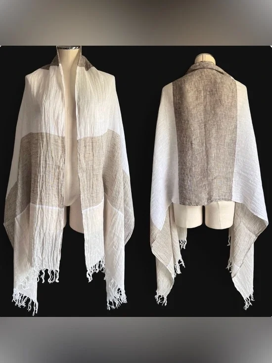 Pepito’s 100% Linen Scarf Made in Italy Lightweight White and Taupe Woven Shawl