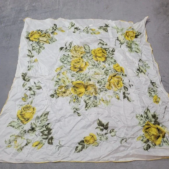 Vintage Scarf Women OS White Yellow Floral Rose Rayon Hand Rolled Japan 30x30‎