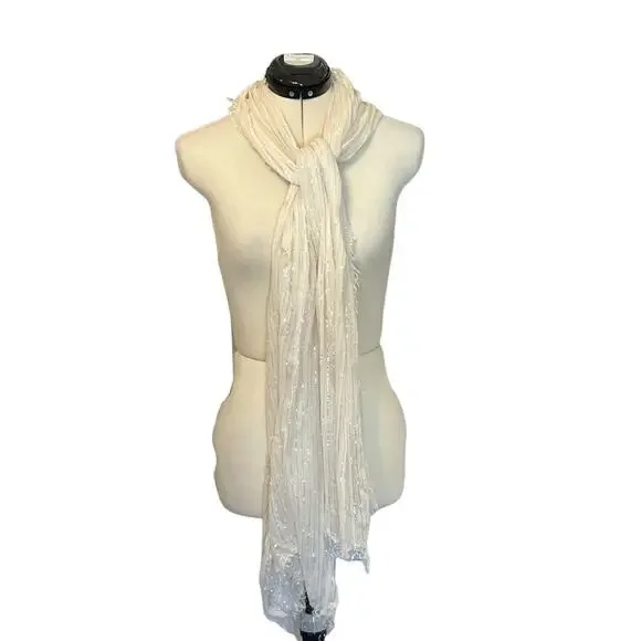 Sheer Cream Scarf with Raw Edge Hem and Silver Threads