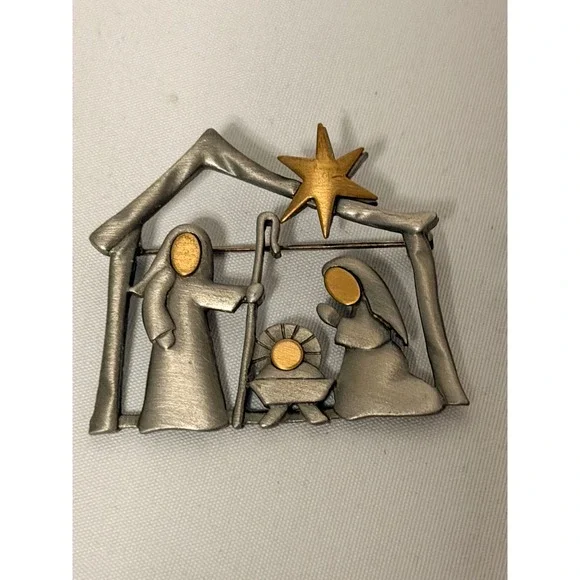 JJ Nativity Brooch Pewter Gold Tone Artifacts 1986 Christmas Pin Vintage