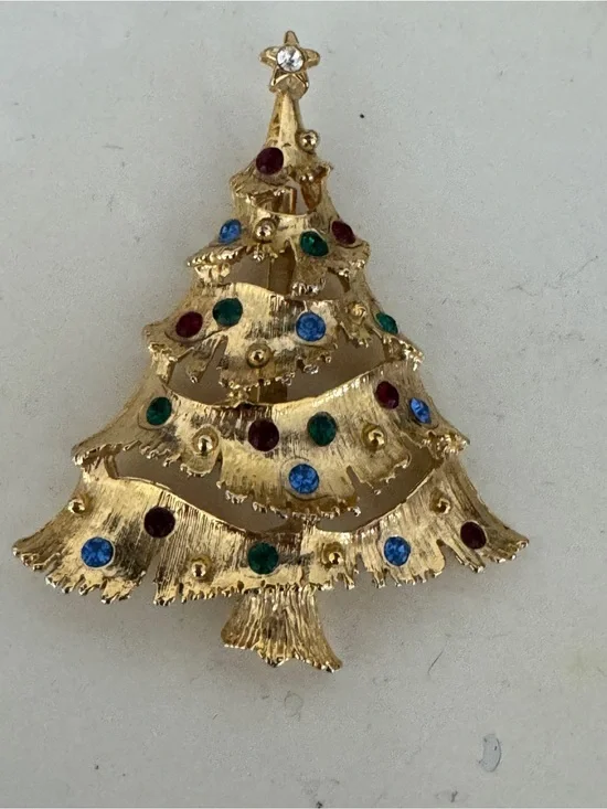 Vintage Gold Christmas Tree Brooch with Red, Green, and Blue Rhinestones