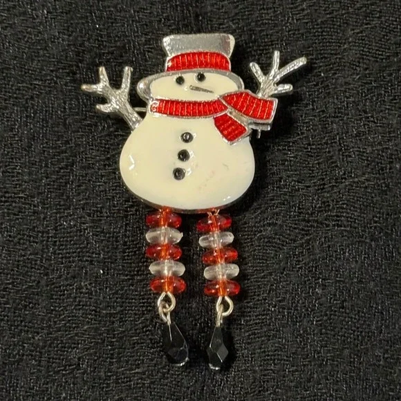 Vintage Snowman Brooch‎ Dangle Legs Enamel Red Scarf Christmas Pin