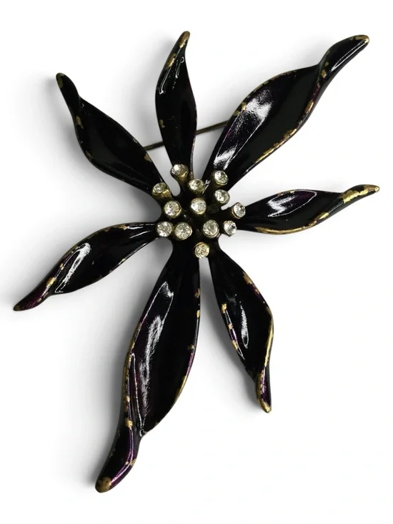 Vintage Ben-Amun Antiqued Gold-Tone Black-Purple Enamel Floral Rhinestone Brooch